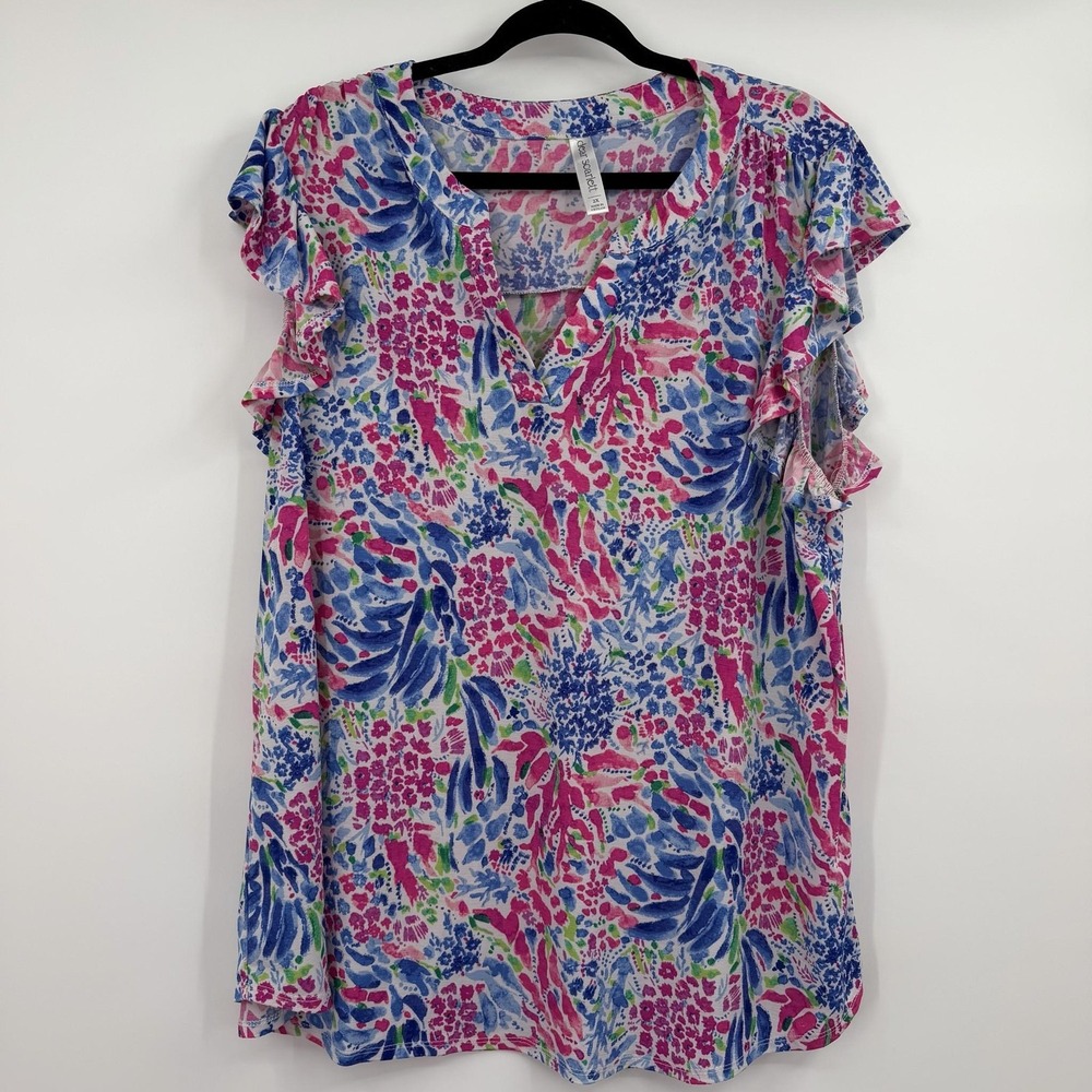 Dear Scarlett Tunic Womens 2X Multicolor V-Neck Flutter Sleeve Lightweight